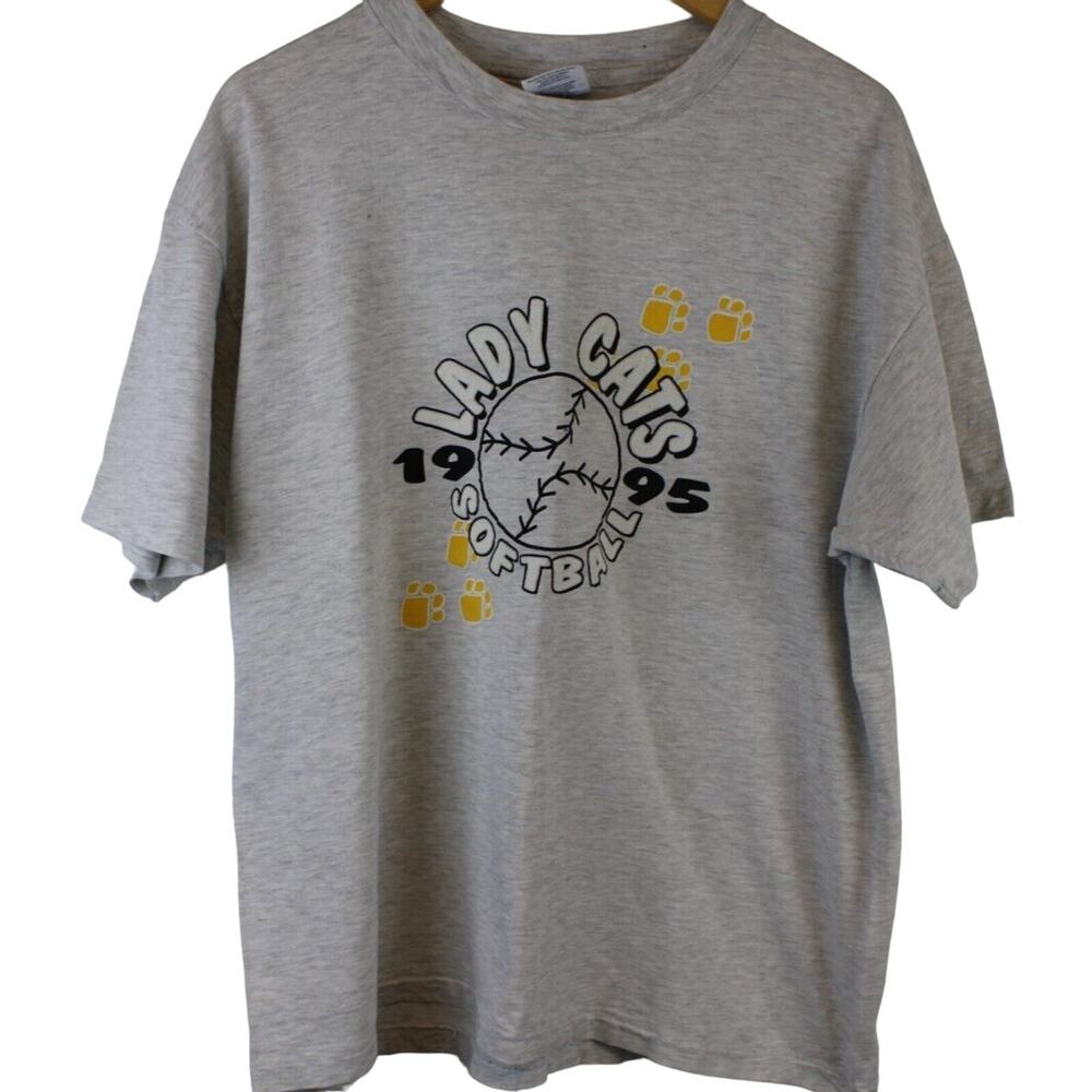 90's Softball Shirt Hanes Beefy Women's XL  Lady Cats 1995  Gray Sports Athletic